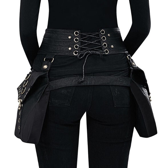 Steampunk Black PU Leather Women&#39;s Waist Bag