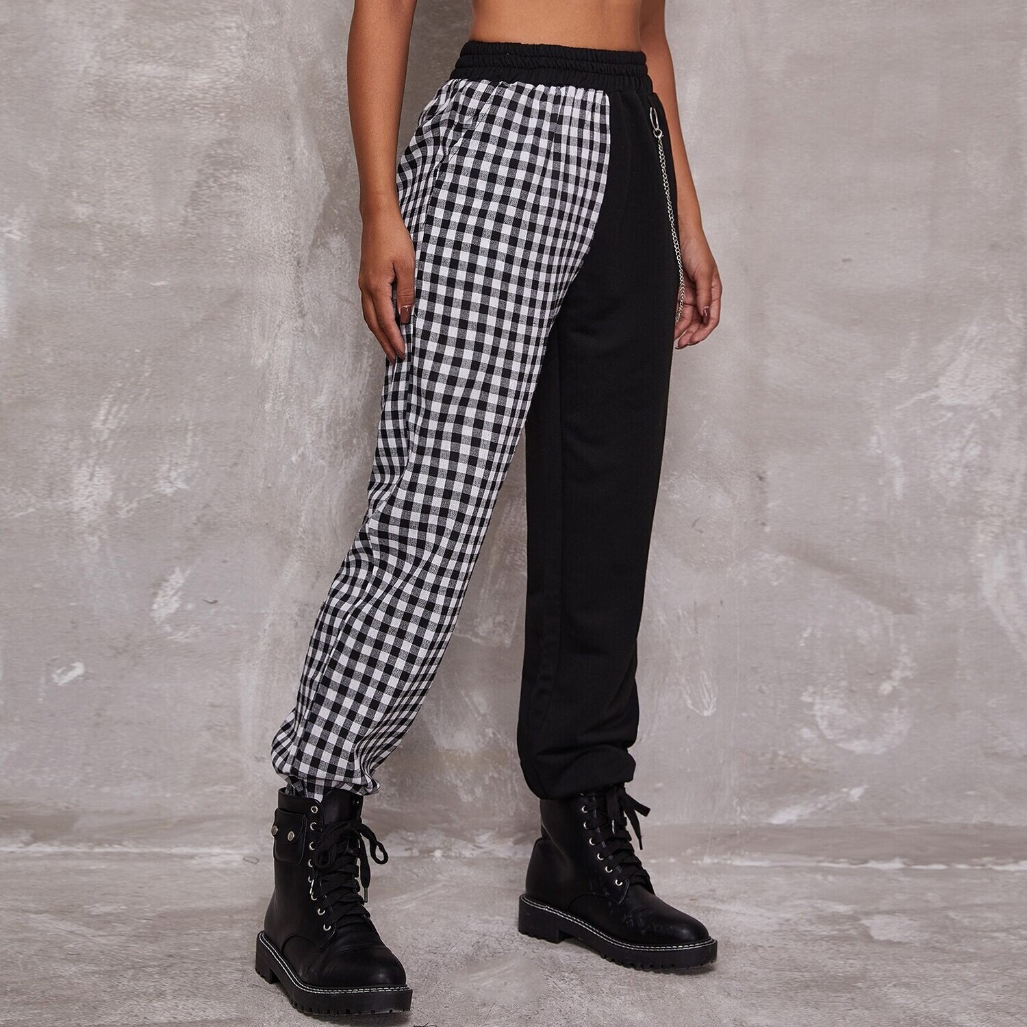 High Waist Chain Plaid Trousers