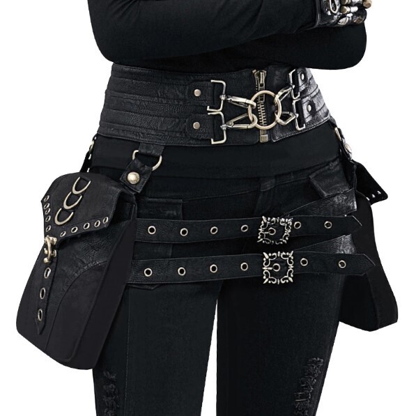 Steampunk Black PU Leather Women&#39;s Waist Bag