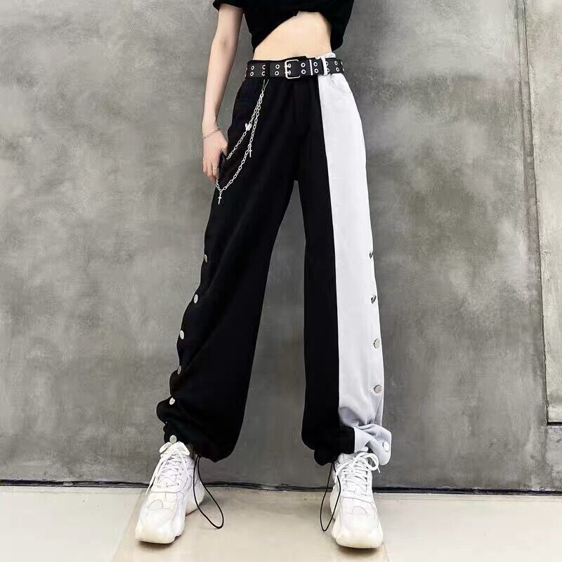 Black and White Streetwear Women Oversize Wide Leg Pants