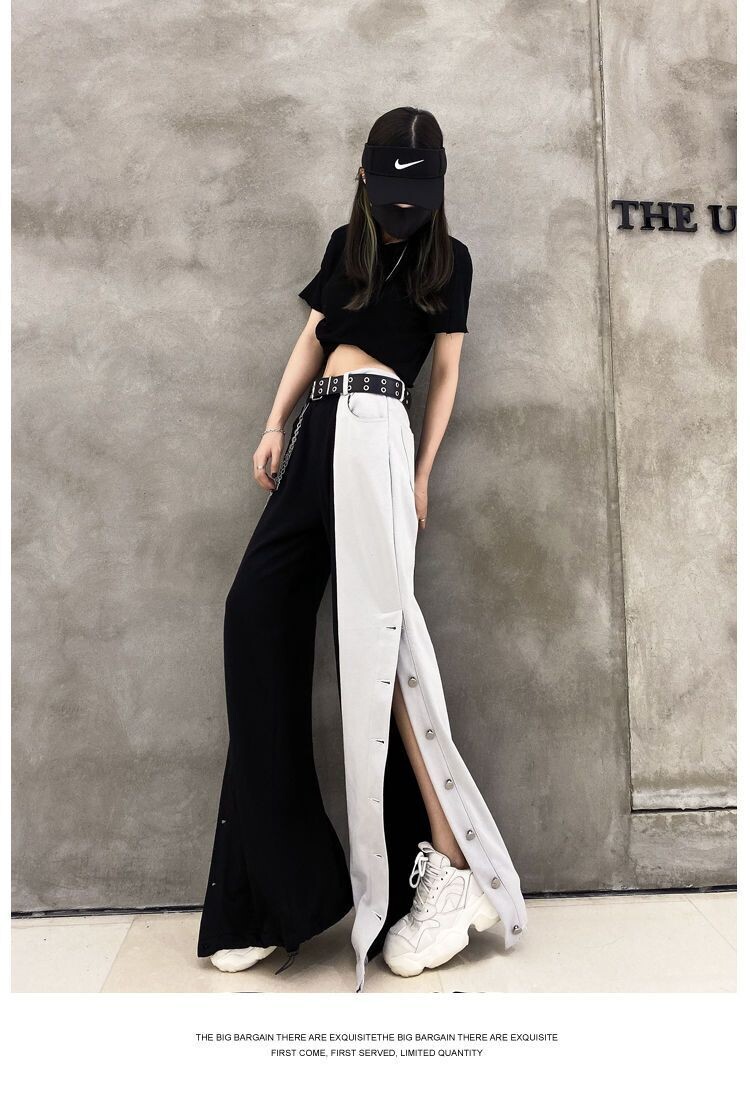Black and White Streetwear Women Oversize Wide Leg Pants