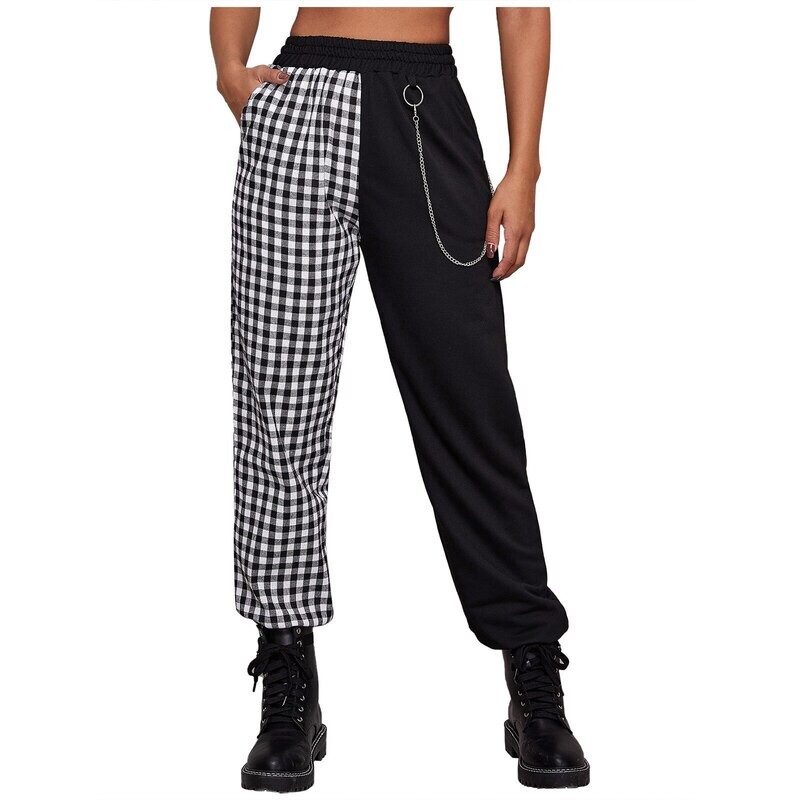 High Waist Chain Plaid Trousers