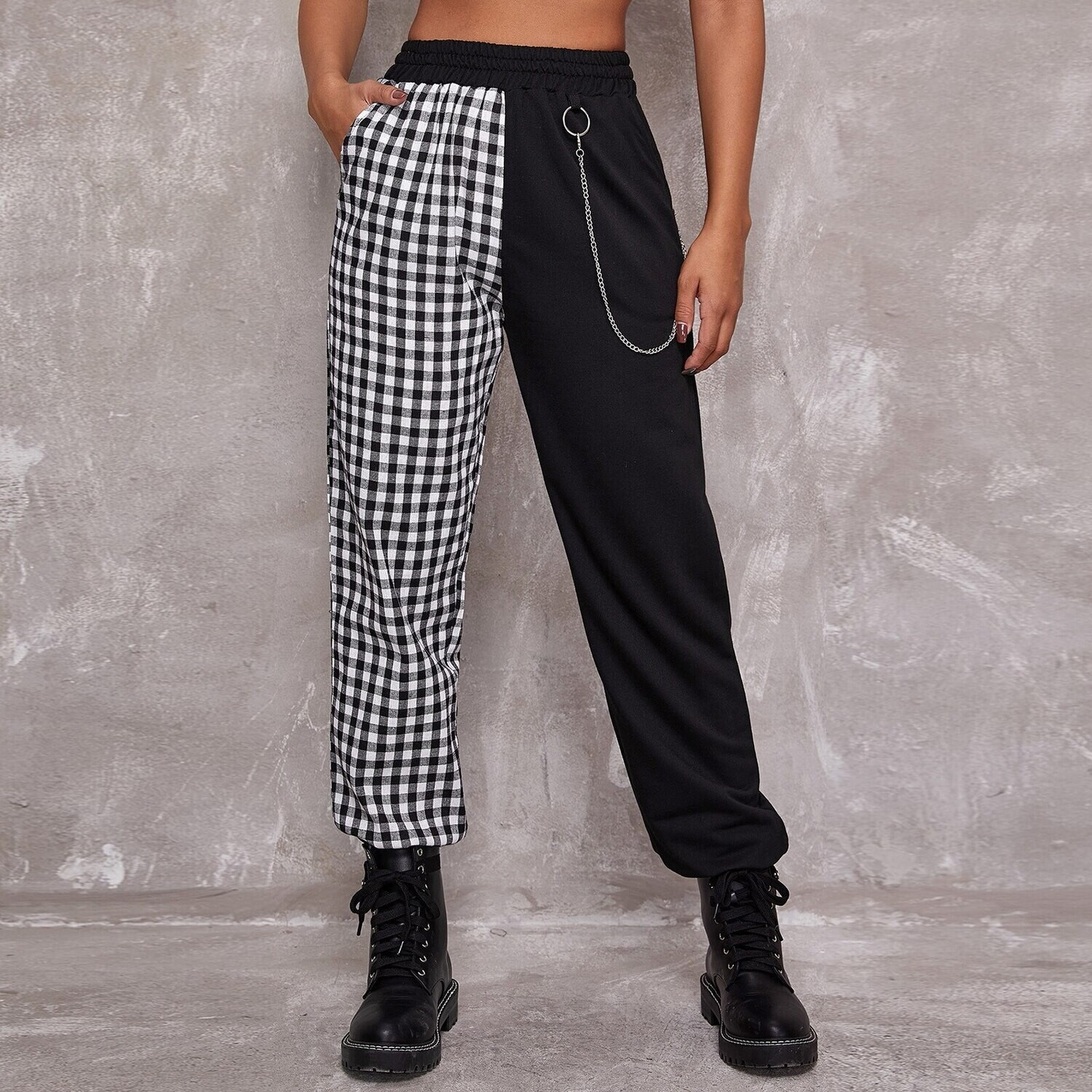 High Waist Chain Plaid Trousers