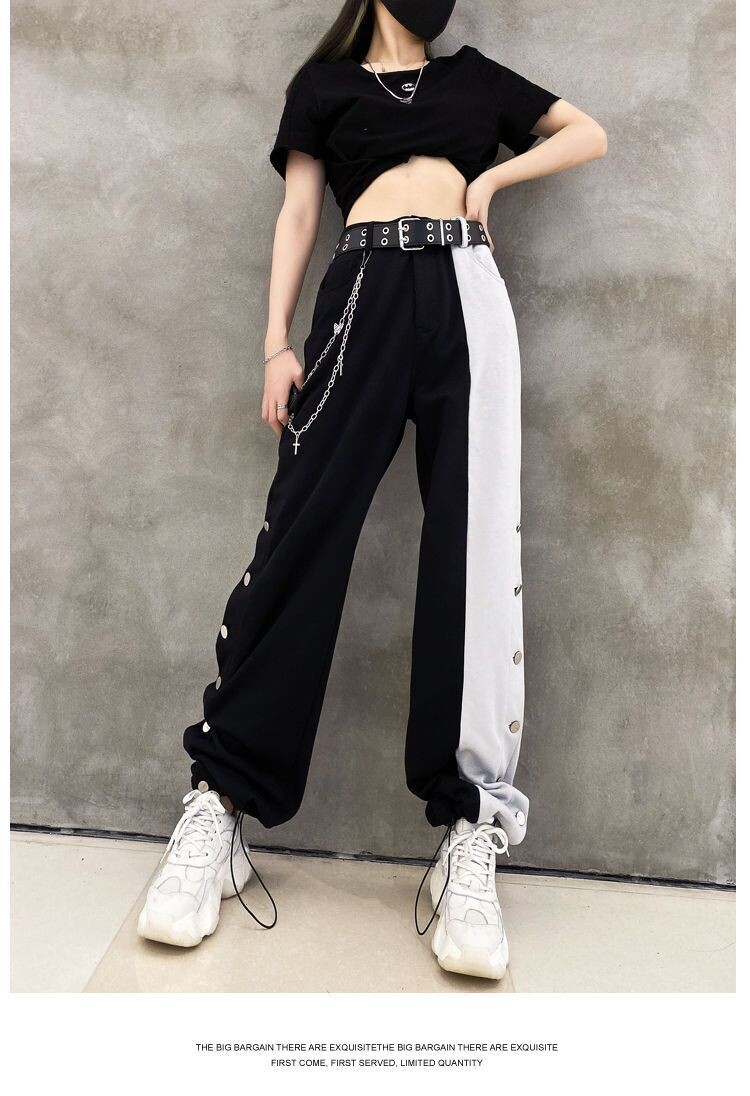 Black and White Streetwear Women Oversize Wide Leg Pants