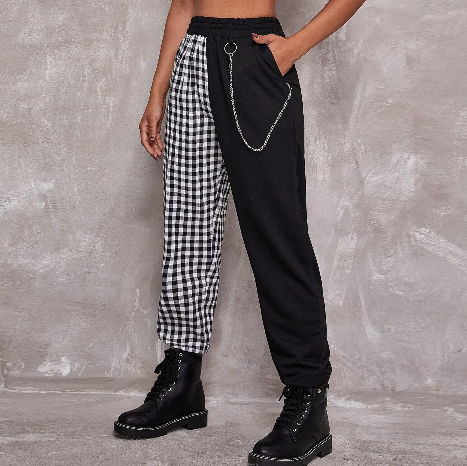 High Waist Chain Plaid Trousers