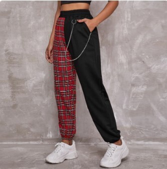 High Waist Chain Plaid Trousers