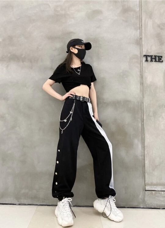 Black and White Streetwear Women Oversize Wide Leg Pants