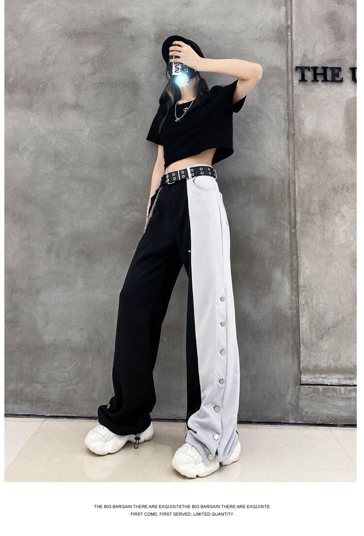 Black and White Streetwear Women Oversize Wide Leg Pants