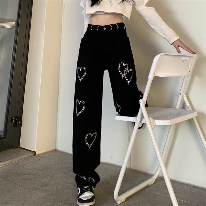 Casual Black Harajuku Hearts Design Wide Leg Pants