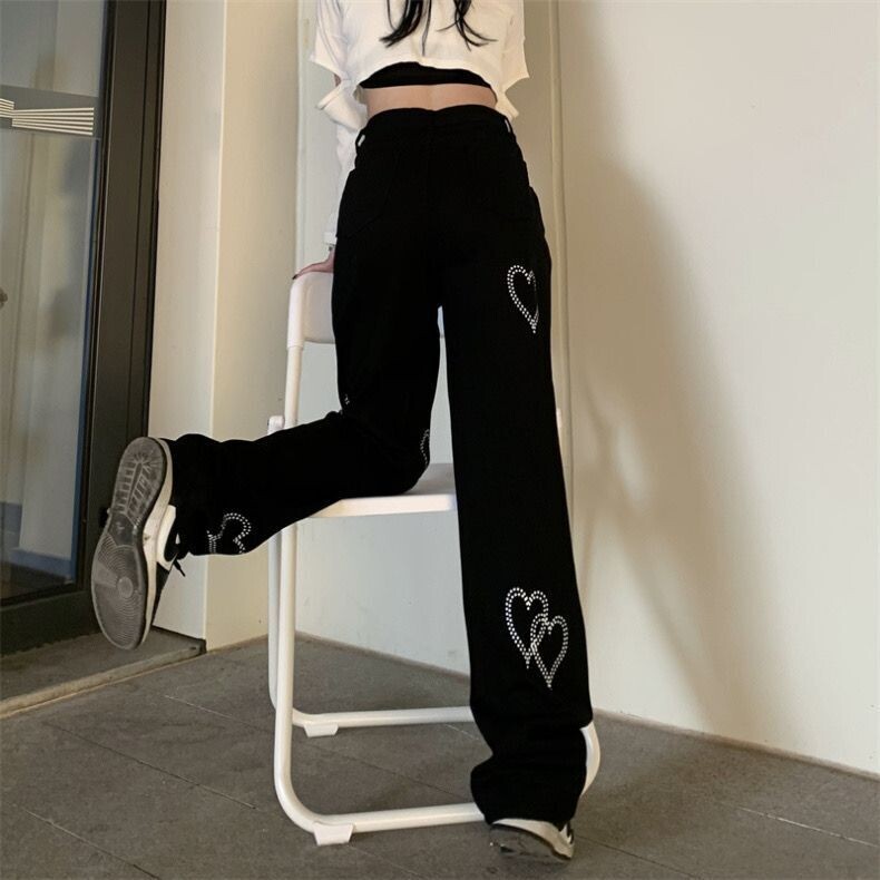 Casual Black Harajuku Hearts Design Wide Leg Pants