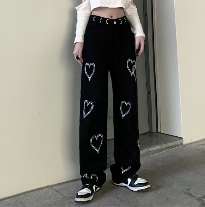 Casual Black Harajuku Hearts Design Wide Leg Pants