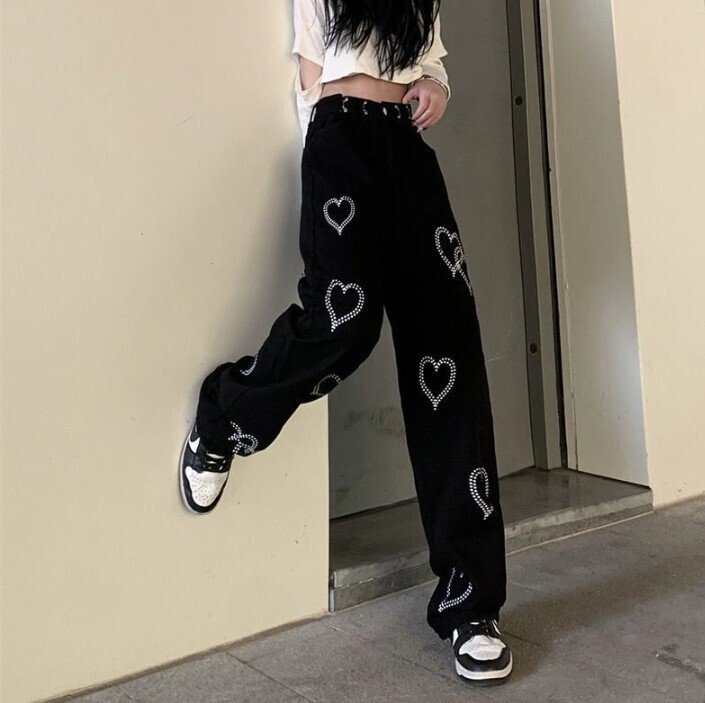Casual Black Harajuku Hearts Design Wide Leg Pants