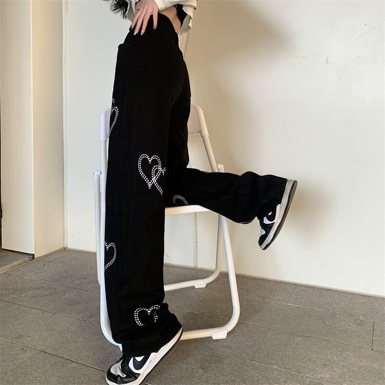 Casual Black Harajuku Hearts Design Wide Leg Pants