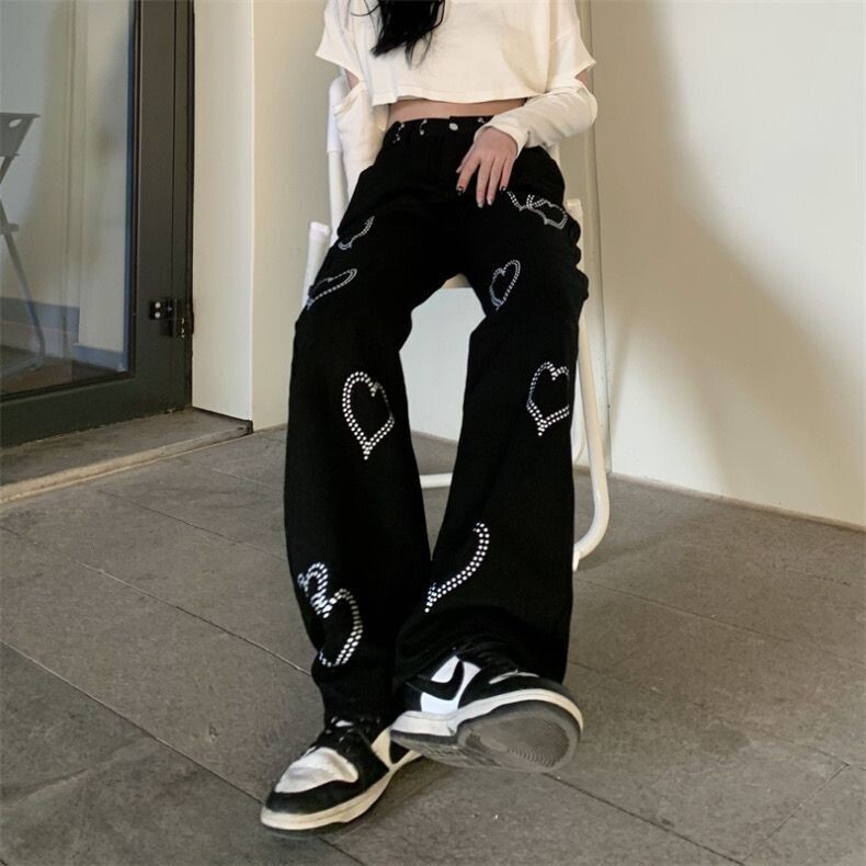 Casual Black Harajuku Hearts Design Wide Leg Pants