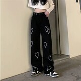 Casual Black Harajuku Hearts Design Wide Leg Pants