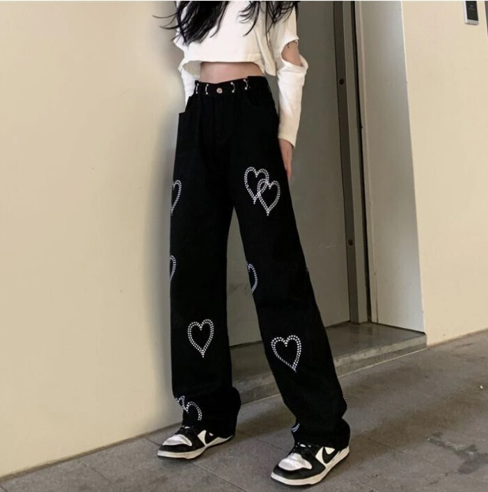 Casual Black Harajuku Hearts Design Wide Leg Pants