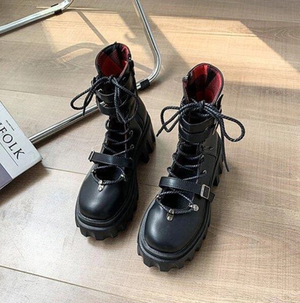 Chunky Heel Platform Cross Tied Black Gothic Punk Shoes