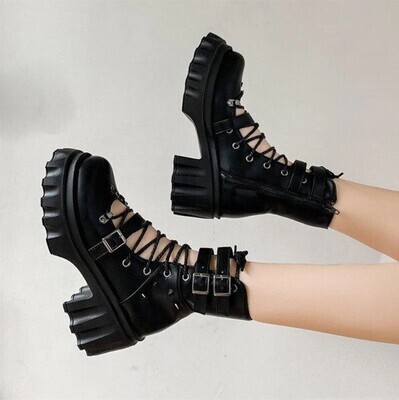 Chunky Heel Platform Cross Tied Black Gothic Punk Shoes