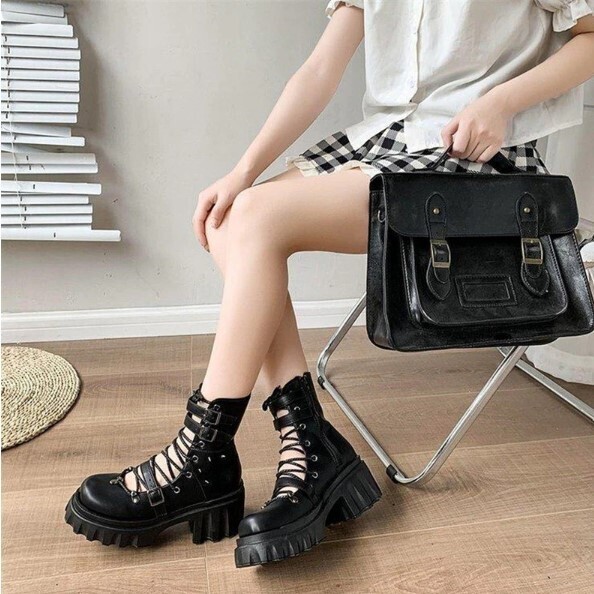 Chunky Heel Platform Cross Tied Black Gothic Punk Shoes