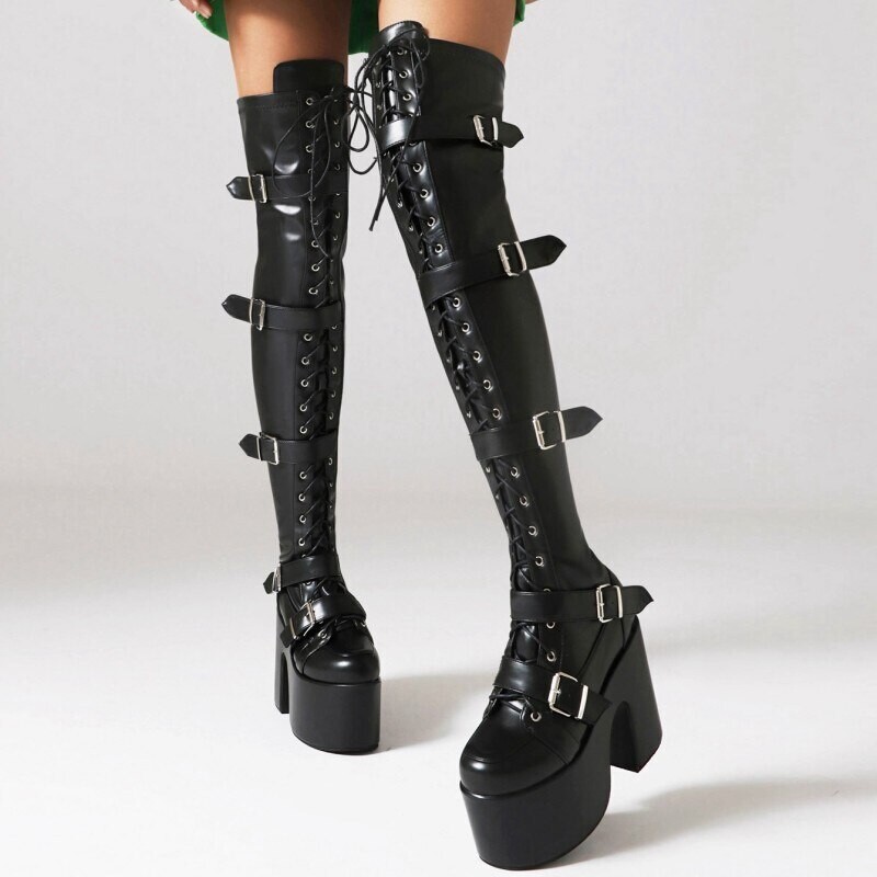 Gothic Punk Over The Knee Motorcycle Boots