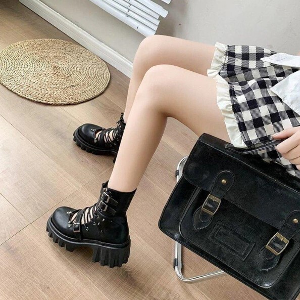 Chunky Heel Platform Cross Tied Black Gothic Punk Shoes