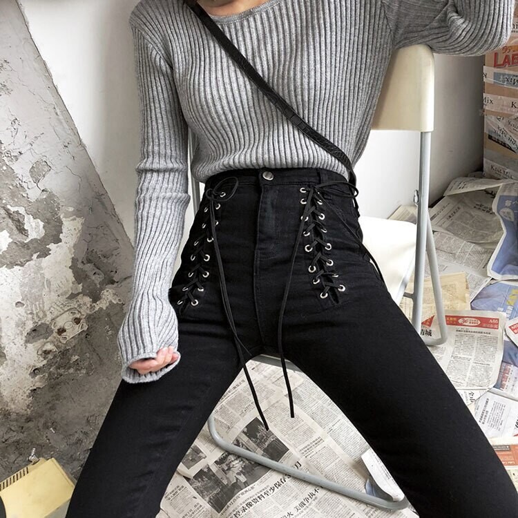 Punk Rock Black High Waist Women Pants