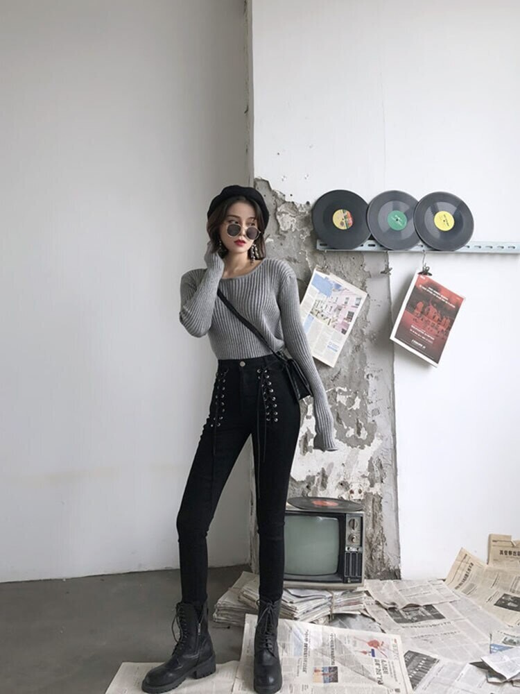 Punk Rock Black High Waist Women Pants