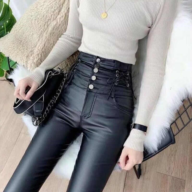 PU Leather High Waist Black Lace up Gothic Pants