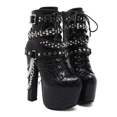 Black Studded Lace up Punk Rock High Heels Boots