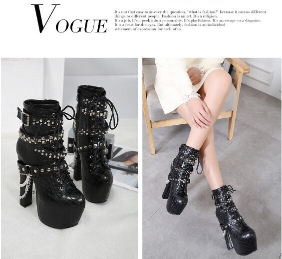 Black Studded Lace up Punk Rock High Heels Boots