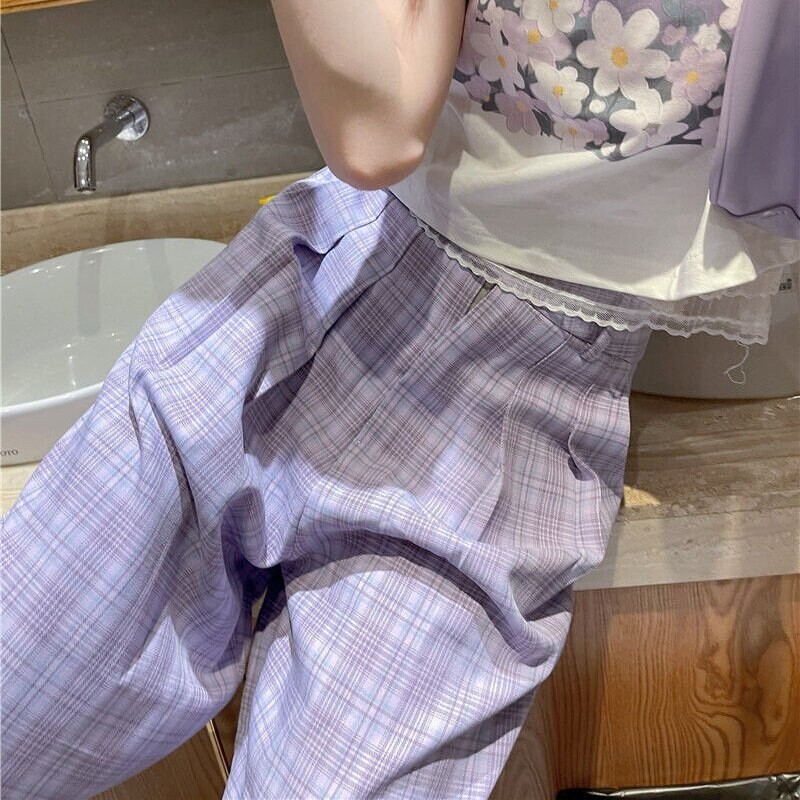 Y2k Purple Plaid Kawaii Pants