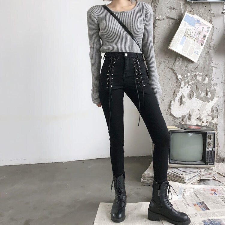 Punk Rock Black High Waist Women Pants