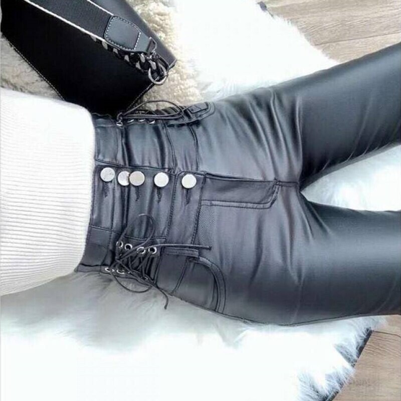 PU Leather High Waist Black Lace up Gothic Pants