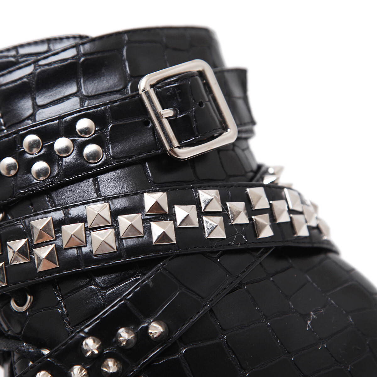 Black Studded Lace up Punk Rock High Heels Boots