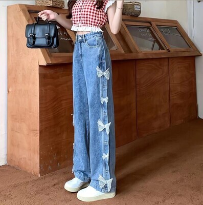 Sweet Style Kawaii Y2k Denim Pants with Lace Bow