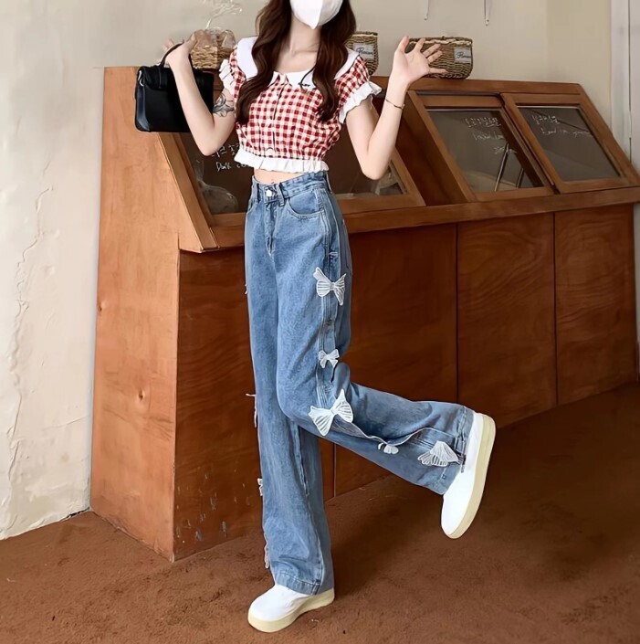 Sweet Style Kawaii Y2k Denim Pants with Lace Bow