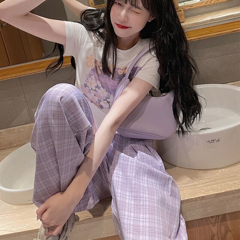 Y2k Purple Plaid Kawaii Pants