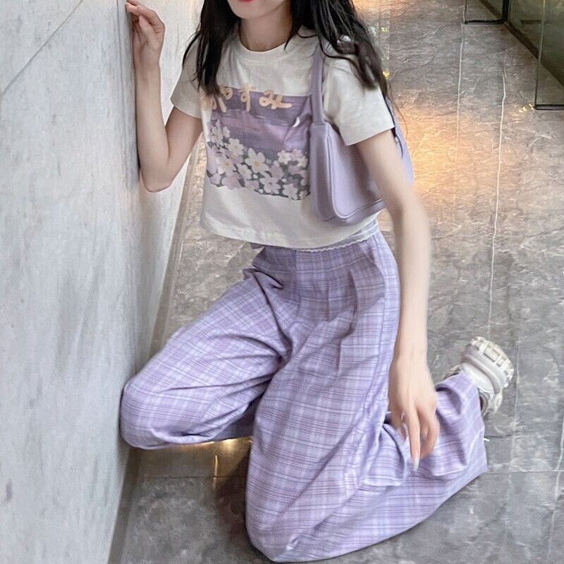 Y2k Purple Plaid Kawaii Pants