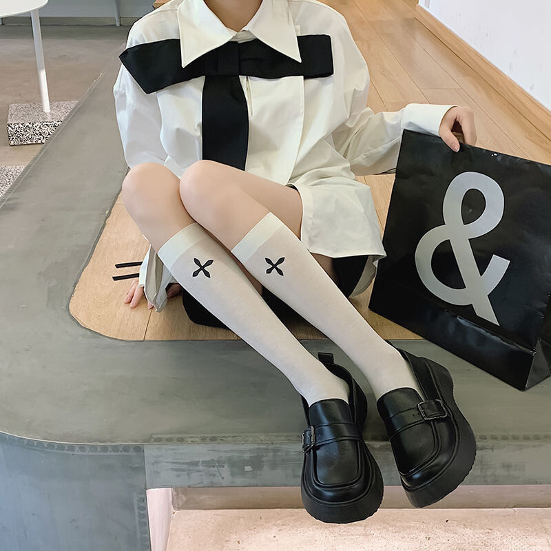 Japanese JK Women Black and White Mid Calf Socks with Cross