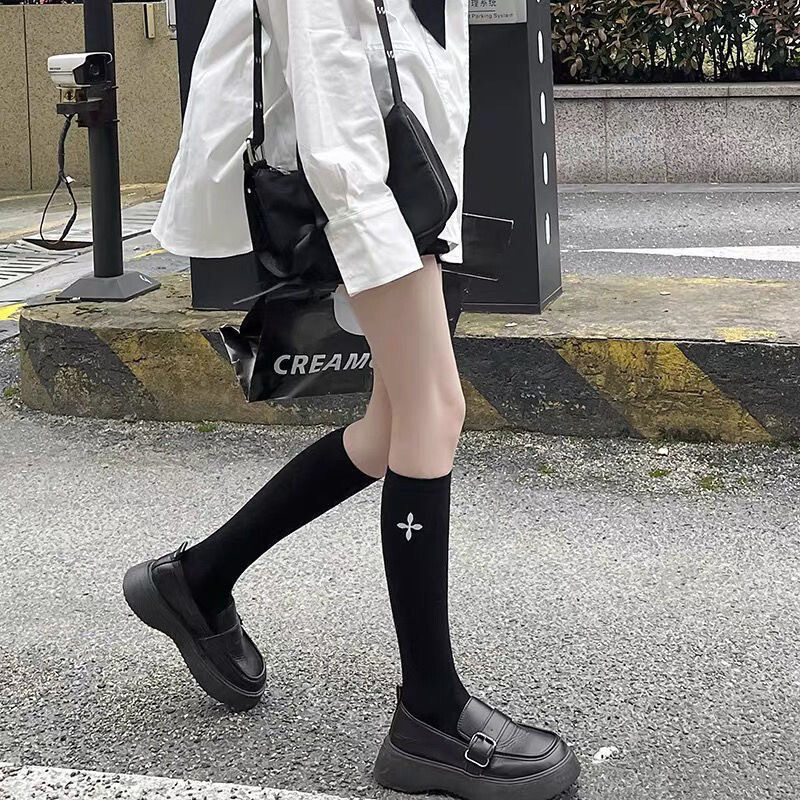Japanese JK Women Black and White Mid Calf Socks with Cross