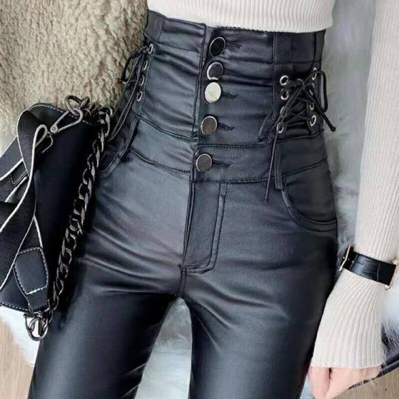 PU Leather High Waist Black Lace up Gothic Pants