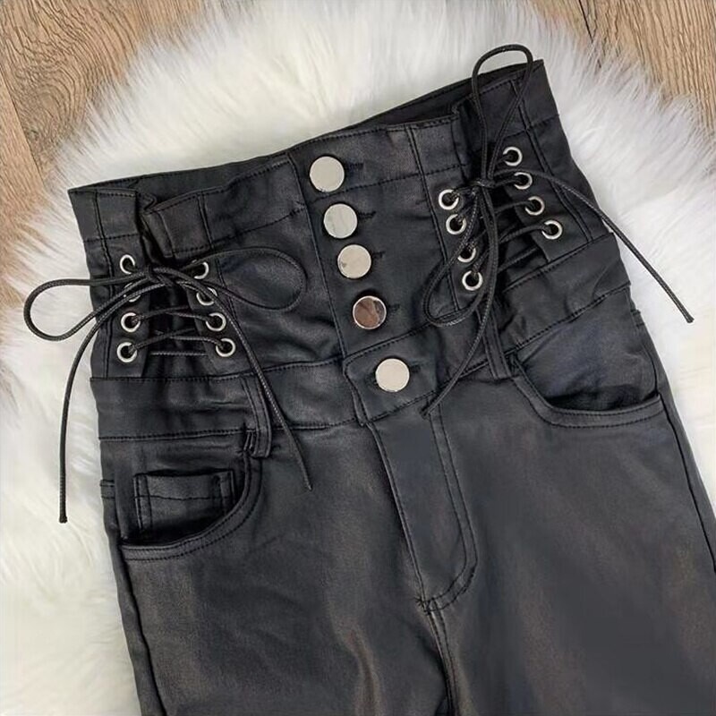 PU Leather High Waist Black Lace up Gothic Pants