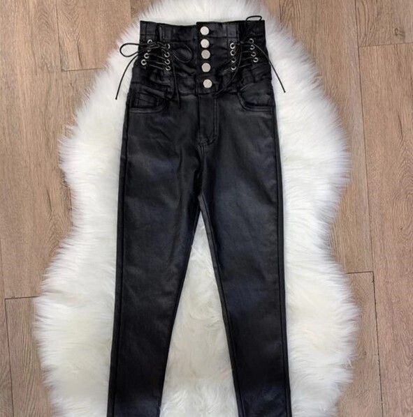 PU Leather High Waist Black Lace up Gothic Pants
