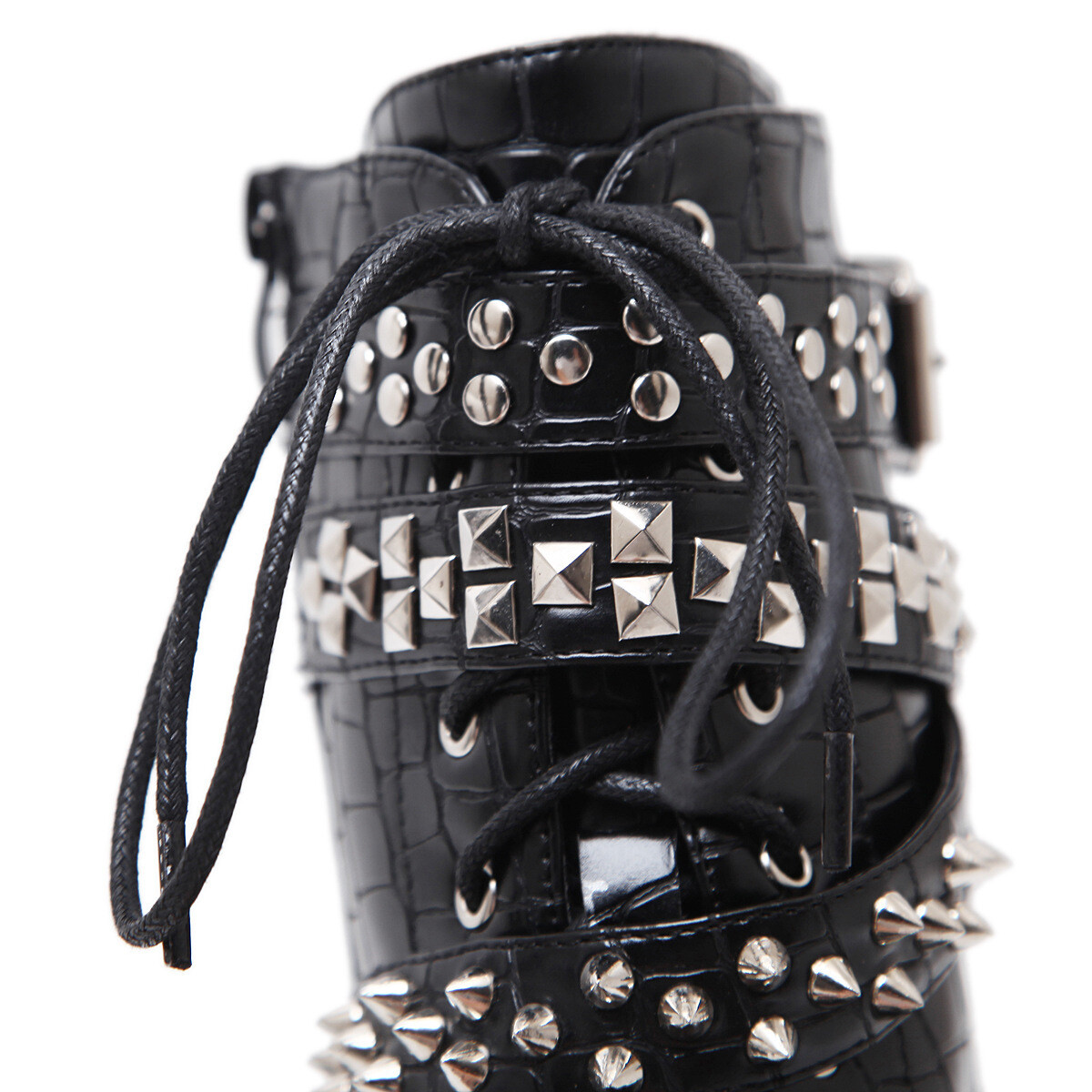 Black Studded Lace up Punk Rock High Heels Boots