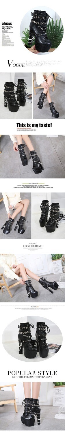 Black Studded Lace up Punk Rock High Heels Boots