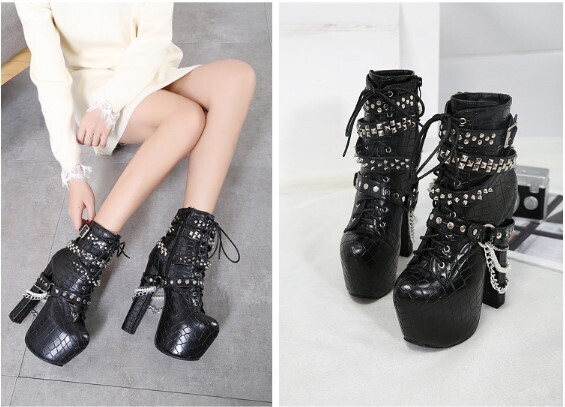 Black Studded Lace up Punk Rock High Heels Boots