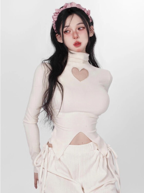 Heart Y2k Aesthetic Turtleneck Long Sleeve Shirt