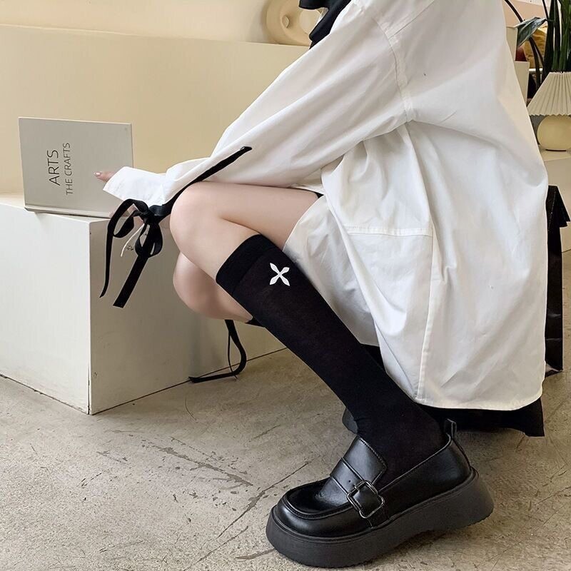 Japanese JK Women Black and White Mid Calf Socks with Cross