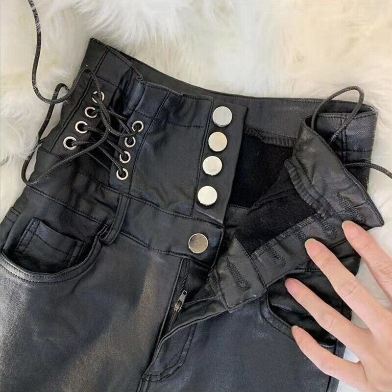 PU Leather High Waist Black Lace up Gothic Pants
