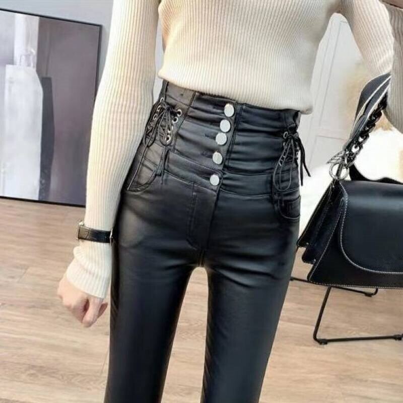 PU Leather High Waist Black Lace up Gothic Pants